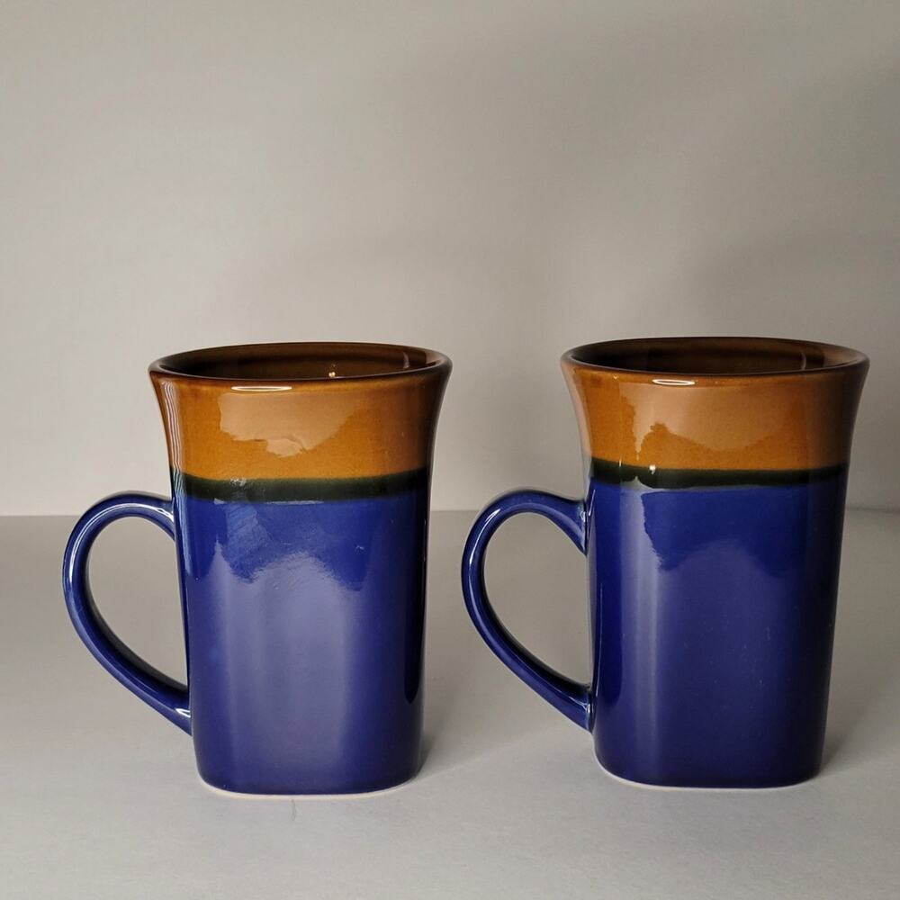 Royal Norfolk Blue/Brown Stoneware Coffee Mugs Dinnerware Cups Set Of 2
